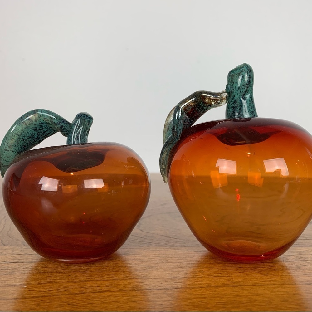Pair Handblown Glass Apples Artist Signed Touverre Saguenay Red Green Canada